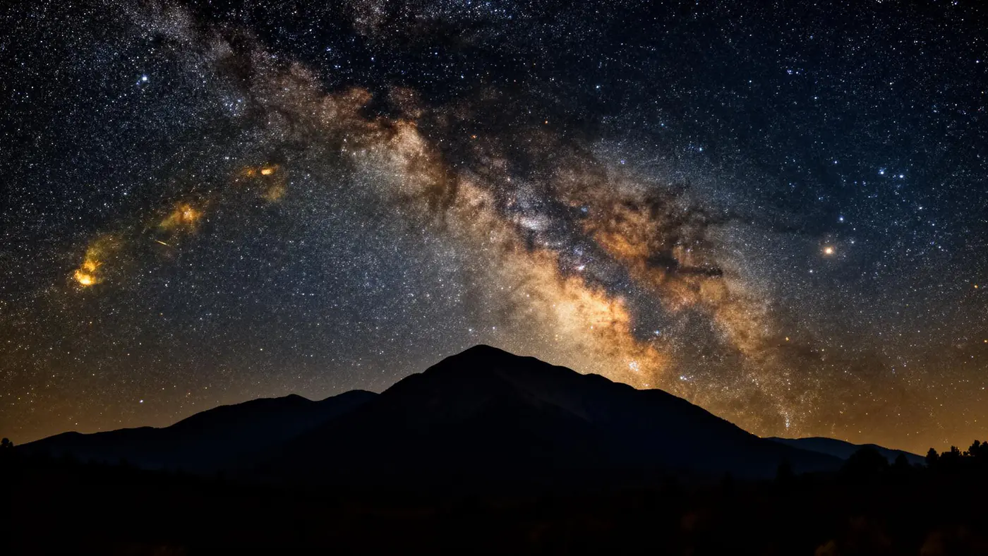 Milky Way galaxy arching over a dark mountain landscape