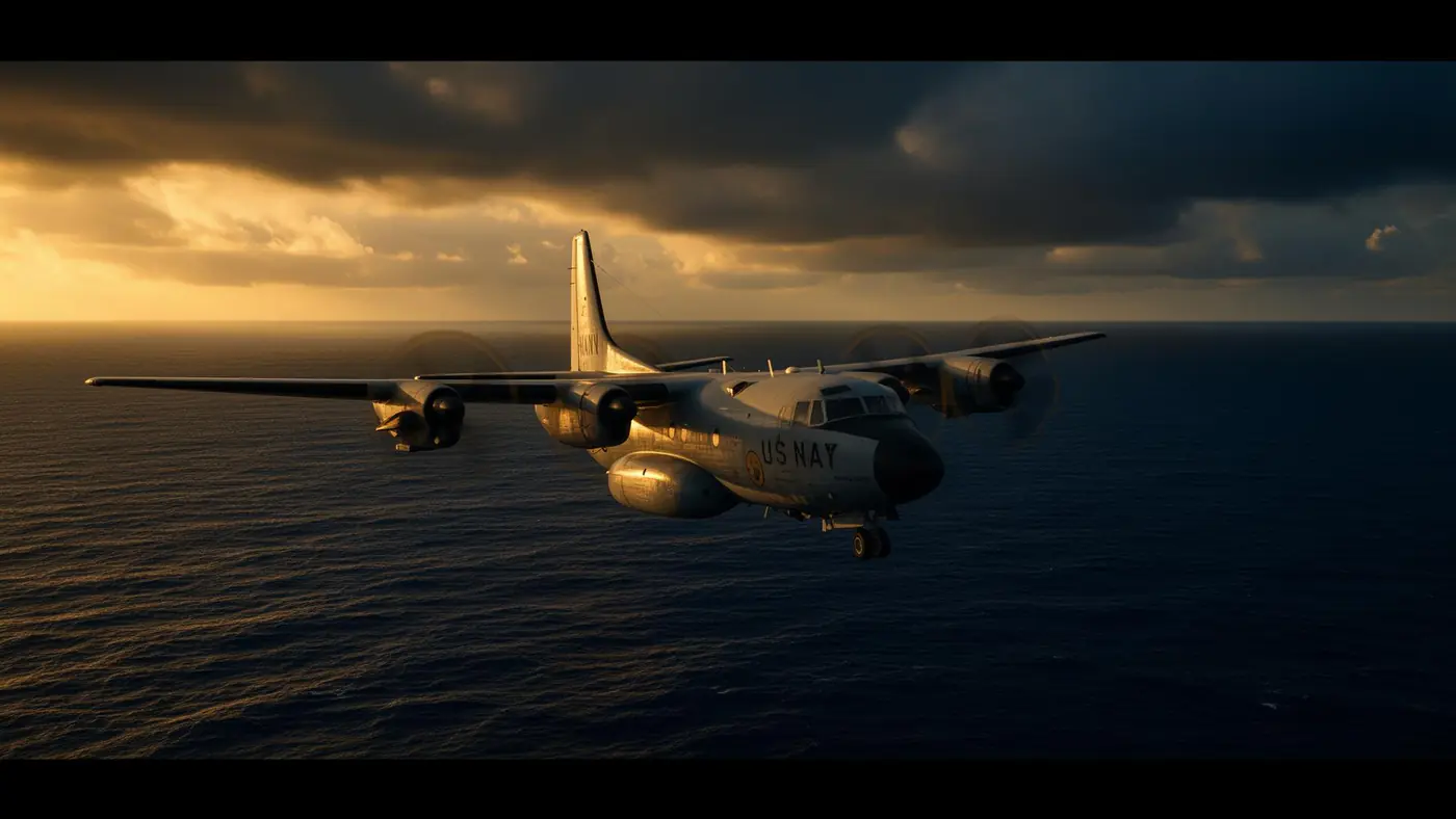 A US Navy P-3 Orion maritime patrol aircraft flying low over the open ocean at golden hour