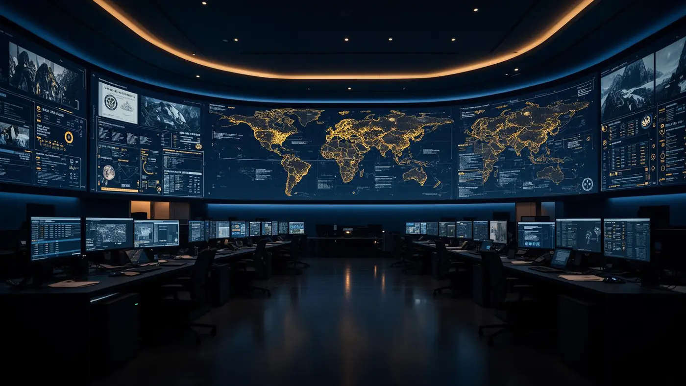 A high-tech government intelligence situation room with a curved wall of glowing world-map displays and rows of monitors in dim, dramatic lighting
